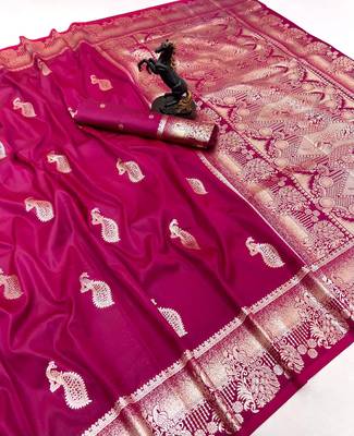 Pink banarasi silk saree with zari embossed peacock design 1