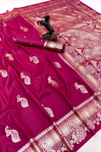 Pink banarasi silk saree with zari embossed peacock design