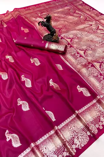 Pink banarasi silk saree with zari embossed peacock design
