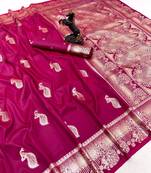 Pink banarasi silk saree with zari embossed peacock design