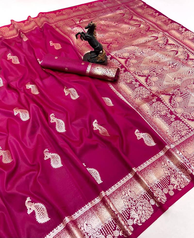 Pink banarasi silk saree with zari embossed peacock design