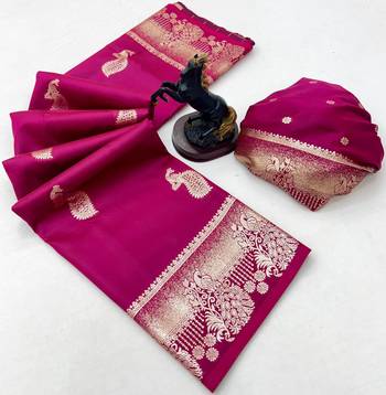 Pink banarasi silk saree with zari embossed peacock design 2
