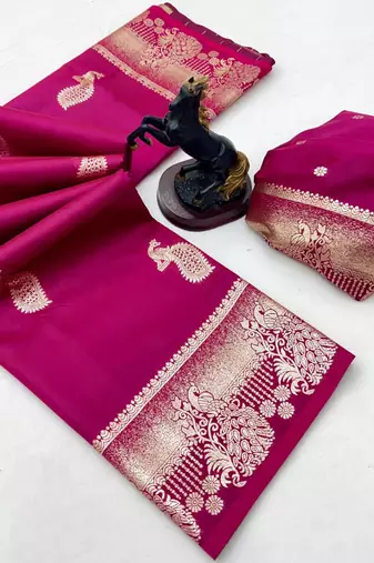 Pink banarasi silk saree with zari embossed peacock design
