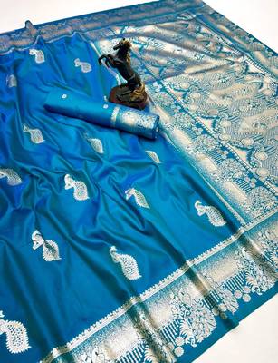 Sky blue banarasi silk saree with zari embossed peacock design 1