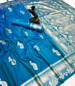 Sky blue banarasi silk saree with zari embossed peacock design