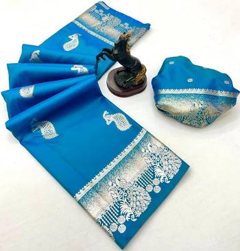 Sky blue banarasi silk saree with zari embossed peacock design 2