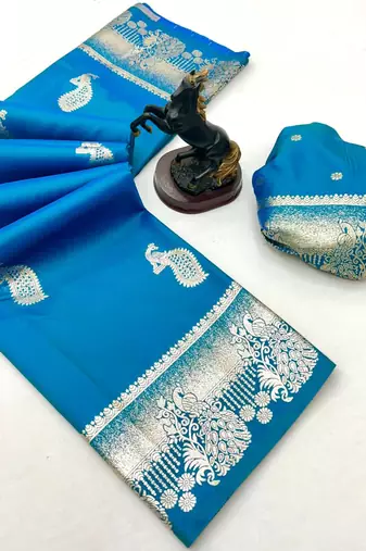 Sky blue banarasi silk saree with zari embossed peacock design