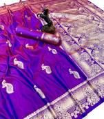 Magenta banarasi silk saree with zari embossed peacock design