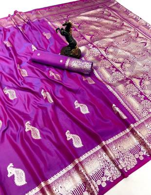 Purple banarasi silk saree with zari embossed peacock design 1