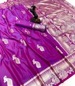Purple banarasi silk saree with zari embossed peacock design