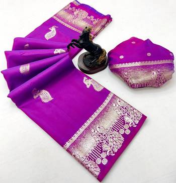 Purple banarasi silk saree with zari embossed peacock design 2