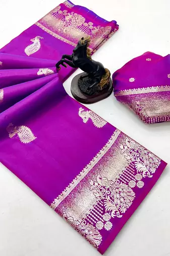 Purple banarasi silk saree with zari embossed peacock design