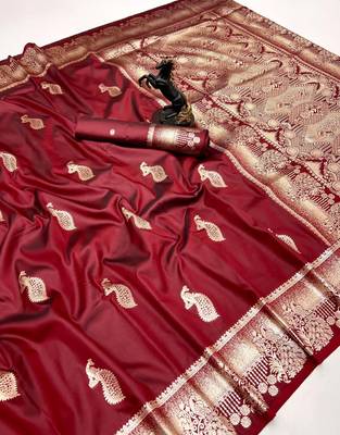 Maroon banarasi silk saree with zari embossed peacock design 1