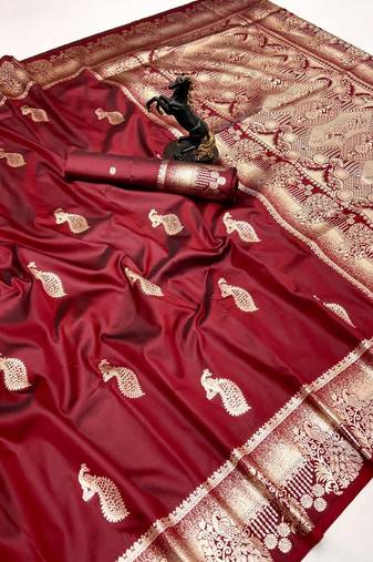 Maroon banarasi silk saree with zari embossed peacock design