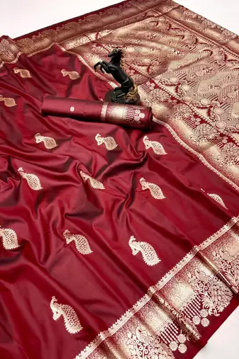 Maroon banarasi silk saree with zari embossed peacock design