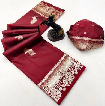 Maroon banarasi silk saree with zari embossed peacock design 2