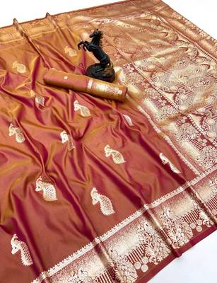 Brown banarasi silk saree with zari embossed peacock design 1