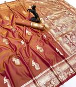 Brown banarasi silk saree with zari embossed peacock design