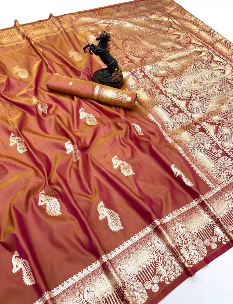 Brown banarasi silk saree with zari embossed peacock design
