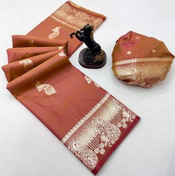 Brown banarasi silk saree with zari embossed peacock design 2