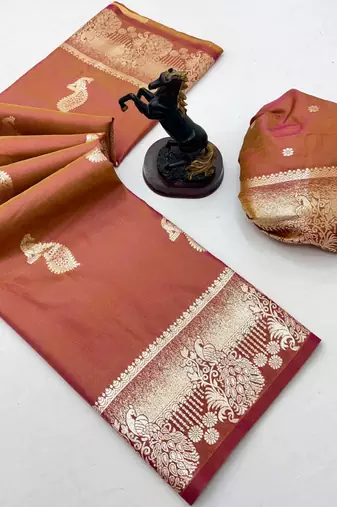 Brown banarasi silk saree with zari embossed peacock design