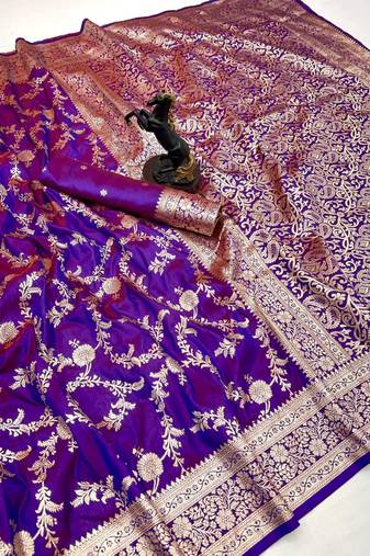 Purple banarasi silk saree with zari embossed jal design & rich pallu