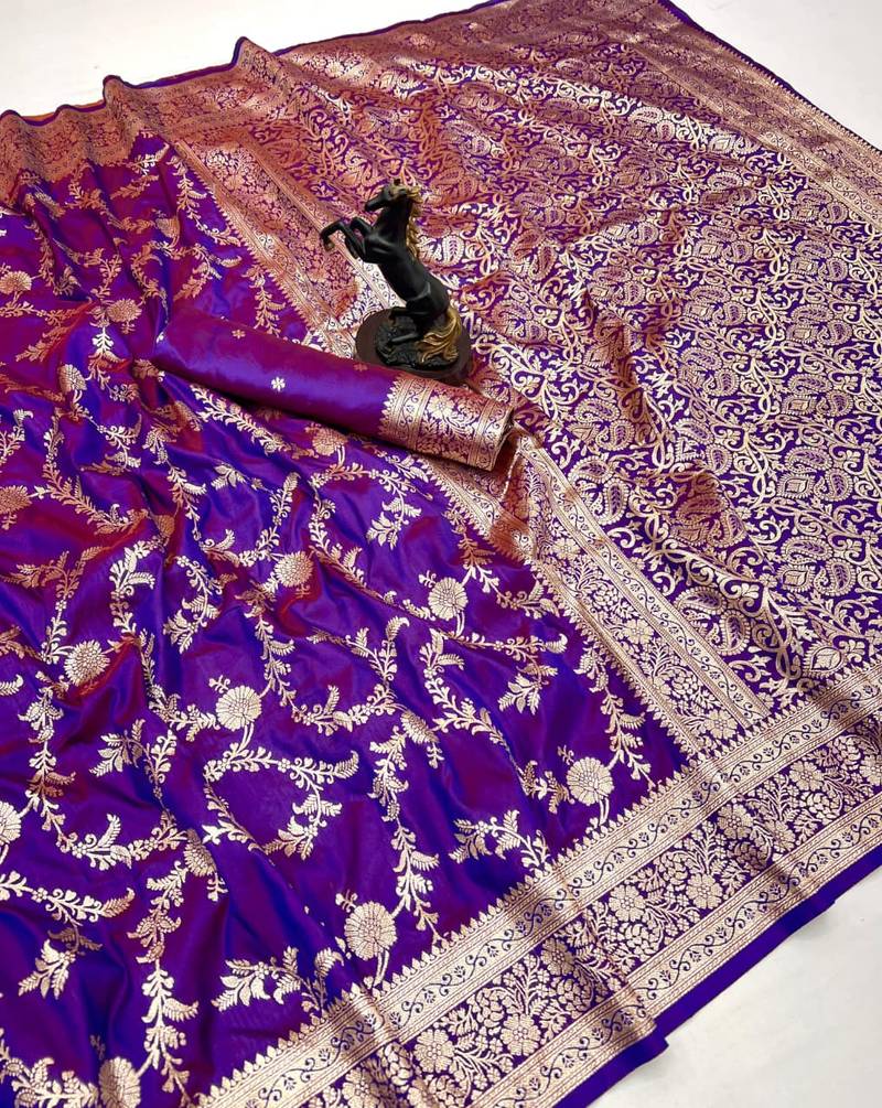 Purple banarasi silk saree with zari embossed jal design & rich pallu