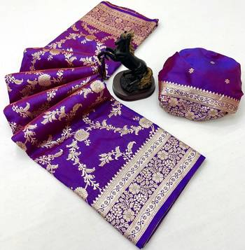 Purple banarasi silk saree with zari embossed jal design & rich pallu 2