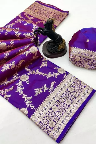 Purple banarasi silk saree with zari embossed jal design & rich pallu