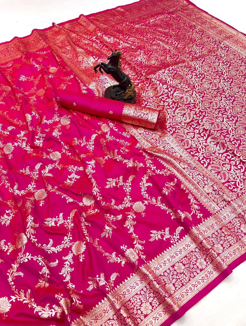 Pink banarasi silk saree with zari embossed jal design & rich pallu