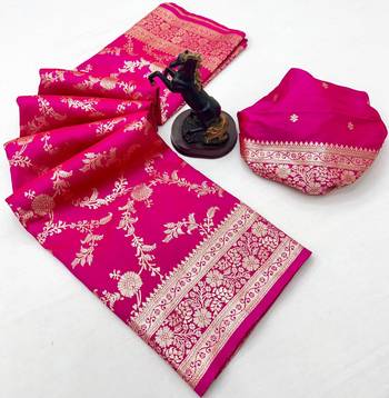 Pink banarasi silk saree with zari embossed jal design & rich pallu 2