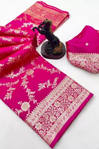 Pink banarasi silk saree with zari embossed jal design & rich pallu