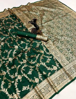 Green banarasi silk saree with zari embossed jal design & rich pallu 1