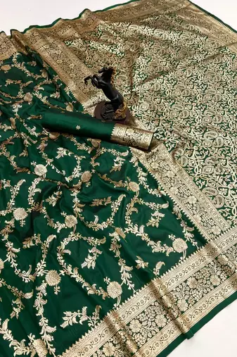 Green banarasi silk saree with zari embossed jal design & rich pallu