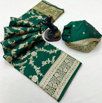Green banarasi silk saree with zari embossed jal design & rich pallu 2