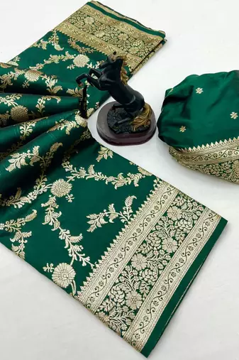Green banarasi silk saree with zari embossed jal design & rich pallu