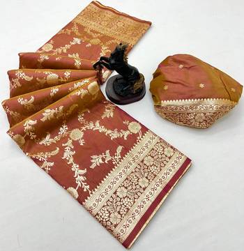 Rust banarasi silk saree with zari embossed jal design & rich pallu 2