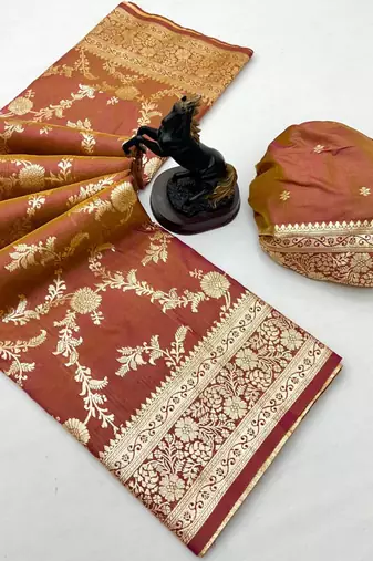 Rust banarasi silk saree with zari embossed jal design & rich pallu