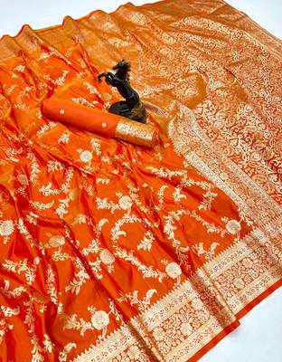 Yellow banarasi silk saree with zari embossed jal design & rich pallu 1