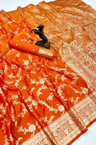 Yellow banarasi silk saree with zari embossed jal design & rich pallu