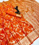 Yellow banarasi silk saree with zari embossed jal design & rich pallu