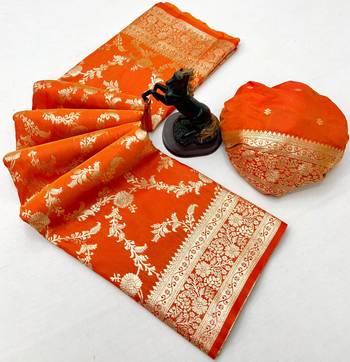 Yellow banarasi silk saree with zari embossed jal design & rich pallu 2
