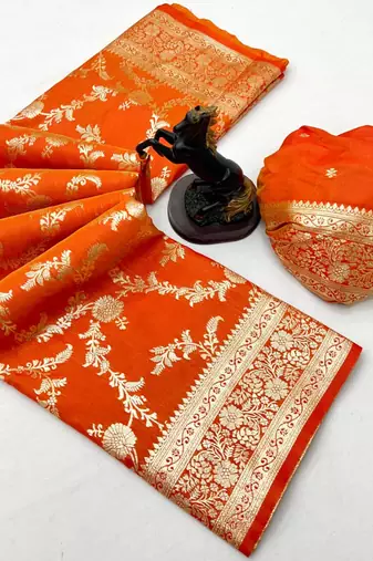 Yellow banarasi silk saree with zari embossed jal design & rich pallu