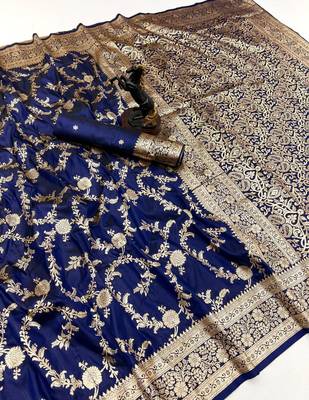 Navy blue banarasi silk saree with zari embossed jal design & rich pallu 1