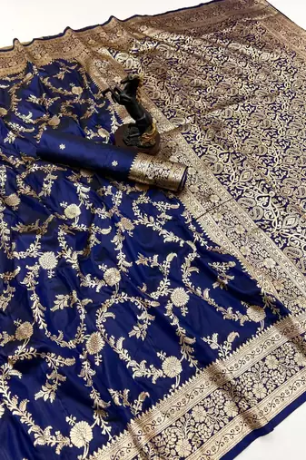 Navy blue banarasi silk saree with zari embossed jal design & rich pallu