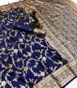 Navy blue banarasi silk saree with zari embossed jal design & rich pallu