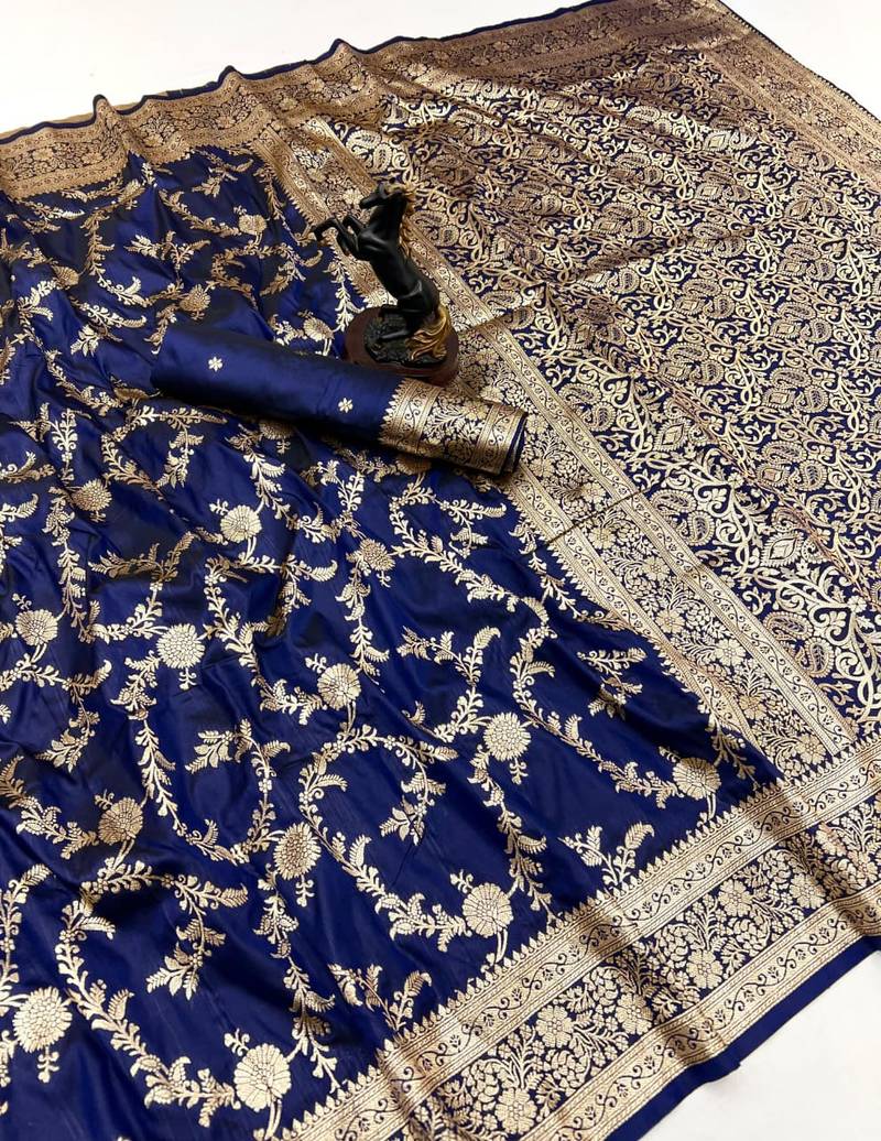 Navy blue banarasi silk saree with zari embossed jal design & rich pallu