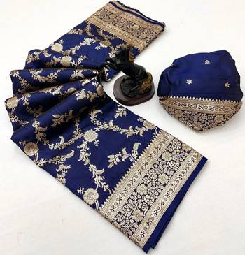 Navy blue banarasi silk saree with zari embossed jal design & rich pallu 2