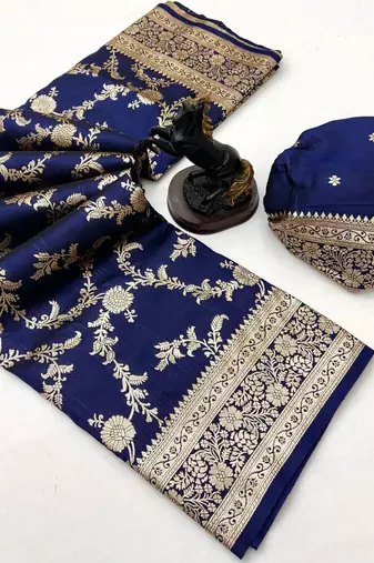 Navy blue banarasi silk saree with zari embossed jal design & rich pallu