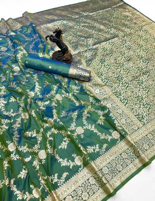Light green banarasi silk saree with zari embossed jal design & rich pallu 1